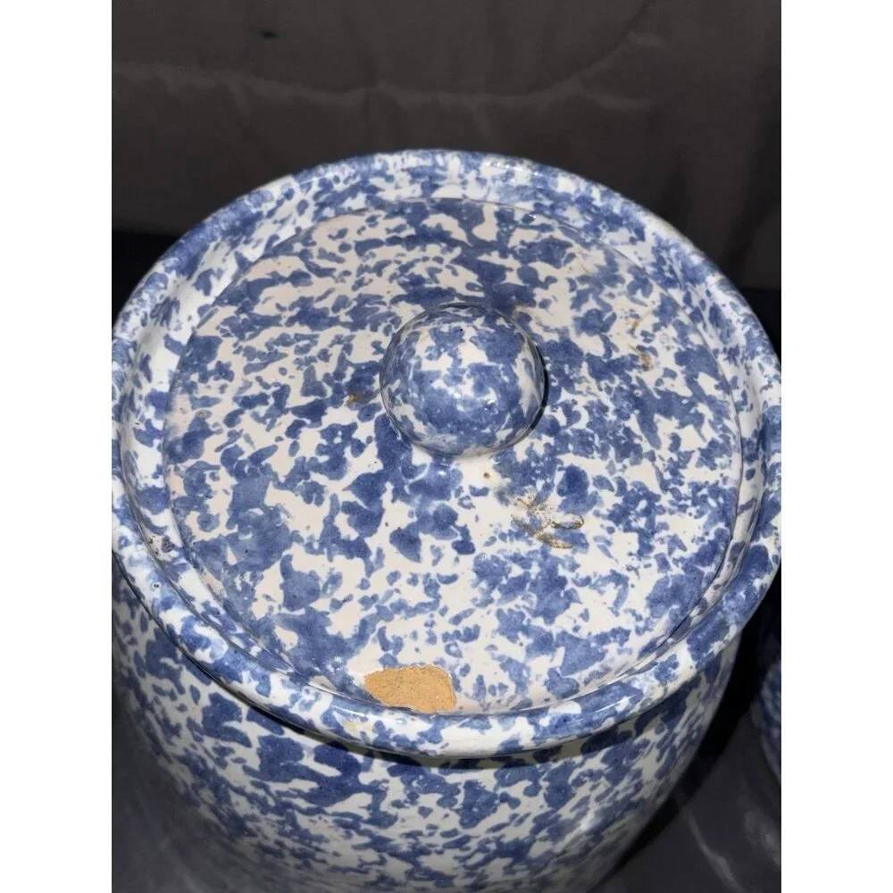 Blue Spongeware Large Storage Jars & Lids Crock Pair Of 7” And 9” - Picture 2 of 12